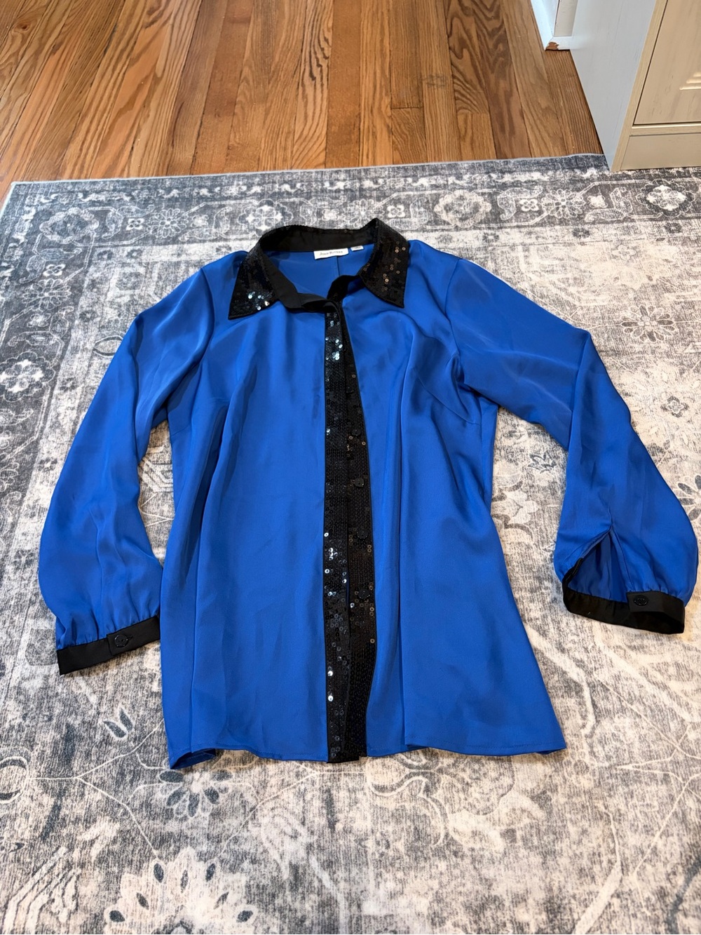 Joan Rivers Cobalt Blue Button-Down Blouse with Black Sequin Trim